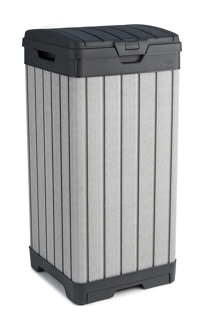 Keter Rockford Resin 38 Gallon Outdoor Kitchen Trash Can with Lid and Drip Tray for Easy Cleaning-Perfect for Patio Dining, Grey