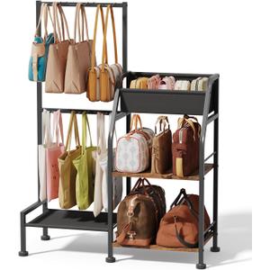 Purse Organizer for Women - 3-Tier Storage Stand & 12 Fixed Hooks, Visible Backpack Storage, Space-Saving Bag Organizer Rack for Home, Closet, Black