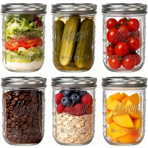 WELLIFE 6-Pack Mason Jars 16 oz with Lids Wide Mouth Glass mason jars, Airtight Leak-Proof canning jars 16 oz for Food Storage, Fermenting, Pickling, Freezing, and Crafts