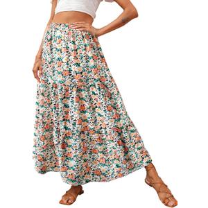 KIRUNDO Women's 2025 Fall High Waist Boho Floral Maxi Skirt Trendy Casual Flowy Swing Pleated A Line Beach Long Skirts, S