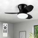 Small Ceiling Fan with Light - 26 Inch Flush Mount Ceiling Fan with Lights and Remote, Low Profile Ceiling Fans with 3 Reversible Blades, 6 Wind Speeds, Black Ceiling Fans for Bedroom