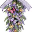 Jusdreen LED Teardrop Floral Wreath with Butterflies, Faux Lavender Hanging Decor with Lights for Farmhouse Home