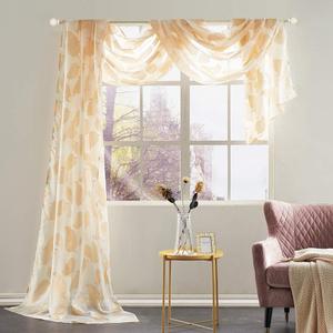 KEQIAOSUOCAI 1 Piece Gold Yellow Jacquard Voile Window Scarf Curtain Sheer Leaves Jacquard Bedroom Drapes 52 inch Wide by 216 inch Length 1 Panel Sheer Scarf