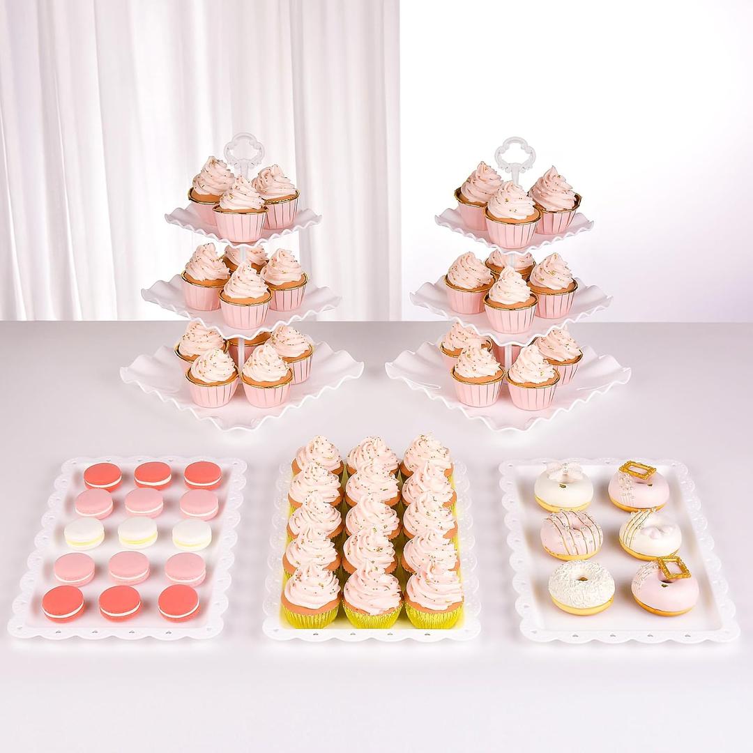 NWK 5 Piece Cake Stand Set with 2 x Large 3-Tier Cupcake Stands, 3 x Appetizer Trays, for Wedding Birthday Baby Shower Tea Party Decorations (White)