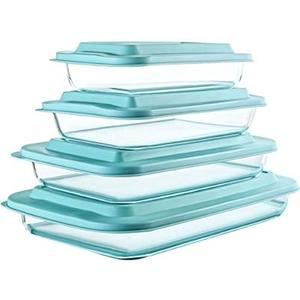 8-Piece Deep Glass Baking Dish Set with Plastic lids, Rectangular Glass Bakeware Set with Lids, Baking Pans for Lasagna, Leftovers, Cooking, Kitchen, Freezer-to-Oven and Dishwasher, Green