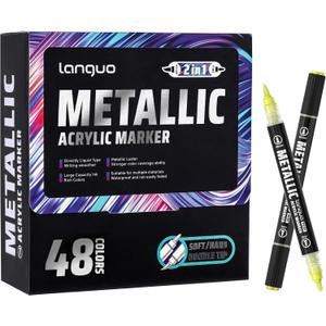 Metallic Acrylic Paint Markers, 48 Colors Dual Tip Acrylic Metallic Markers Set (Brush & Fine), Glitter Paint Pens for Black Paper, Rock Painting, Glass, Wood, Ceramic, DIY Arts and Crafts