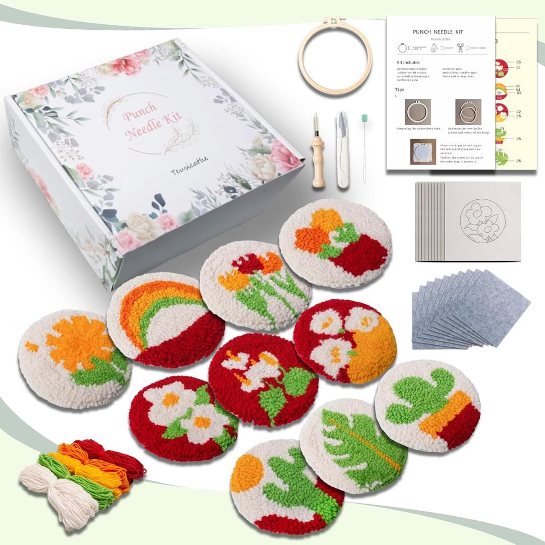 Teusicathe 10PCS Punch Needle Coaster Kit, for Beginners, Children and Adultspunch Needle Embroidery Kit, Includes Pattern, Tools, Yarn, Hoop, Instructions