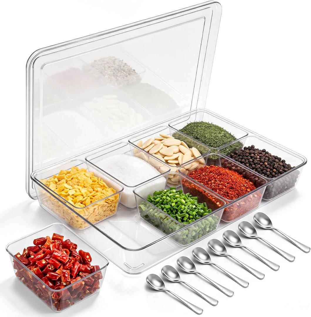 8 Compartments Condiment Containers with Lids Spoons, Clear