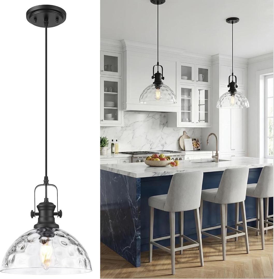 Large Pendant Lights Kitchen Island, 10.5" Farmhouse Black Pendant Lighting with Hammered Glass Shade, Vintage Hanging Light Fixtures for Dining Room Entryway, AD-22151-1PL-BK-H
