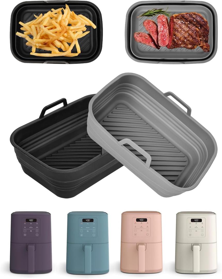 Air Fryer Silicone Liners Collapsible 2-Pack for bella 4Qt(3.3lb) Slim Air Fryer, Reusable Airfryer Silicone Pot Baking Basket Insert Accessories, Non Stick, Easy Cleaning, Gray+Black