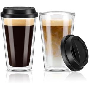 Qipecedm 2 Packs Double Walled Glass Coffee Mugs with Silicone Lids, 12 OZ Reusable Glass Coffee Cups, Insulated Coffee Mugs, Cappuccino,Tea,Latte,Iced Coffee Cups, Glass Travel Mug, Heat Resistant