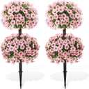 Daifunli 28 Inch Set of 2 Artificial Flowers Topiary Tree Double Ball Boxwood with Spikes for Outdoor UV Resistant Faux Shrubs, Realistic Fake Bushes for Garden Front Porch Patio Decor (Pink)