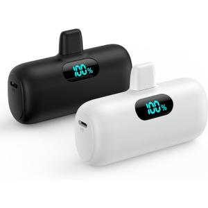 [2 Pack]Mini Portable Charger 5000mAh,Ultra-Compact 15W PD Fast Charging Power Bank,LCD Display Cute Battery Pack Backup Charger Compatible with iPhone 14/14 Pro Max/13/13 Pro/12/XR/8/7/6-Black+White (A-Black+White)