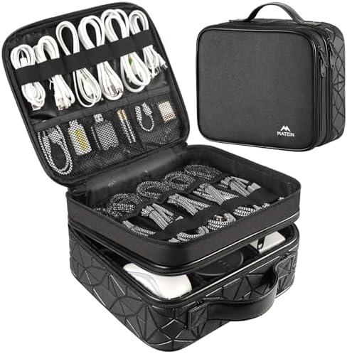 Cable Organizer Bag, Waterproof Travel Electronic Storage with Adjustable Divider, Shockproof Portable Double Layer Tech Bags Carrying Case for Cord, Earbuds, Charger, SD Card, Tech Gifts