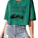 SweatyRocks Women's Letter Graphic Print Streetwear Tops Summer Half Sleeve Crop Loose Casual Tee Shirts (Medium, Green)