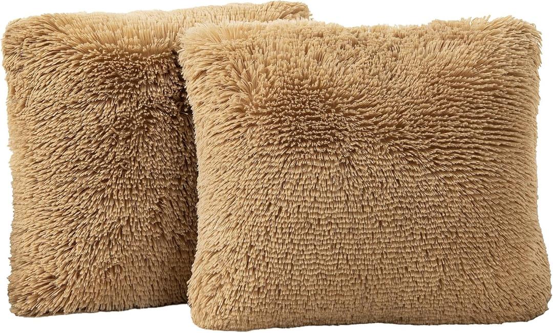4 x TOONOW Set of 2 Decorative Throw Pillow Covers 18x18,Fluffy Pillow CoversLuxury Faux Fur Sofa Pillow Covers for Sofa Couch Living Room Bedroom, No Pillow Insert (Camel)
