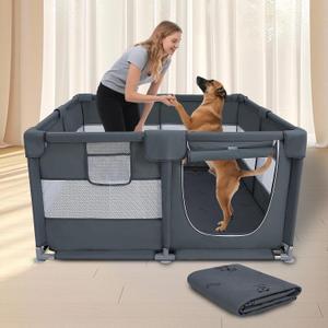 Dog Playpen Oxford Fabric Dog Fence with Washable Pee Pads,50 x 50 x 26 Inches,Steel Pipe,Breathable Mesh, Zipper Gate, Portable Indoor Outdoor Pet Fence Cage for Whelping,Dog Kennel Crate, Grey