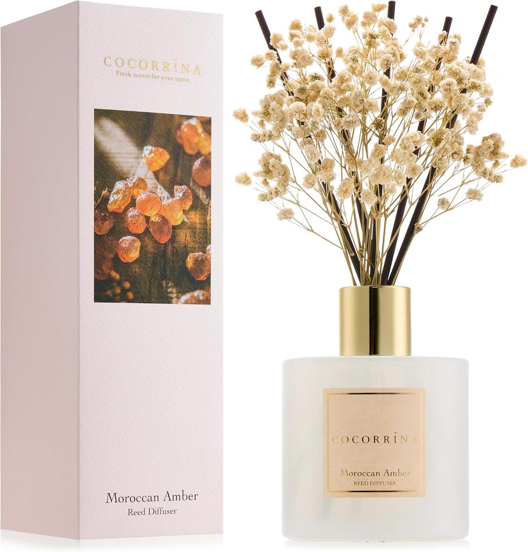 COCORRNA Reed Diffuser - Moroccan Amber 6.7 Fl.oz Reed Diffuser Set with Sticks & Preserved Baby's Breath, Reed Diffuser for Home Bathroom Shelf Decor