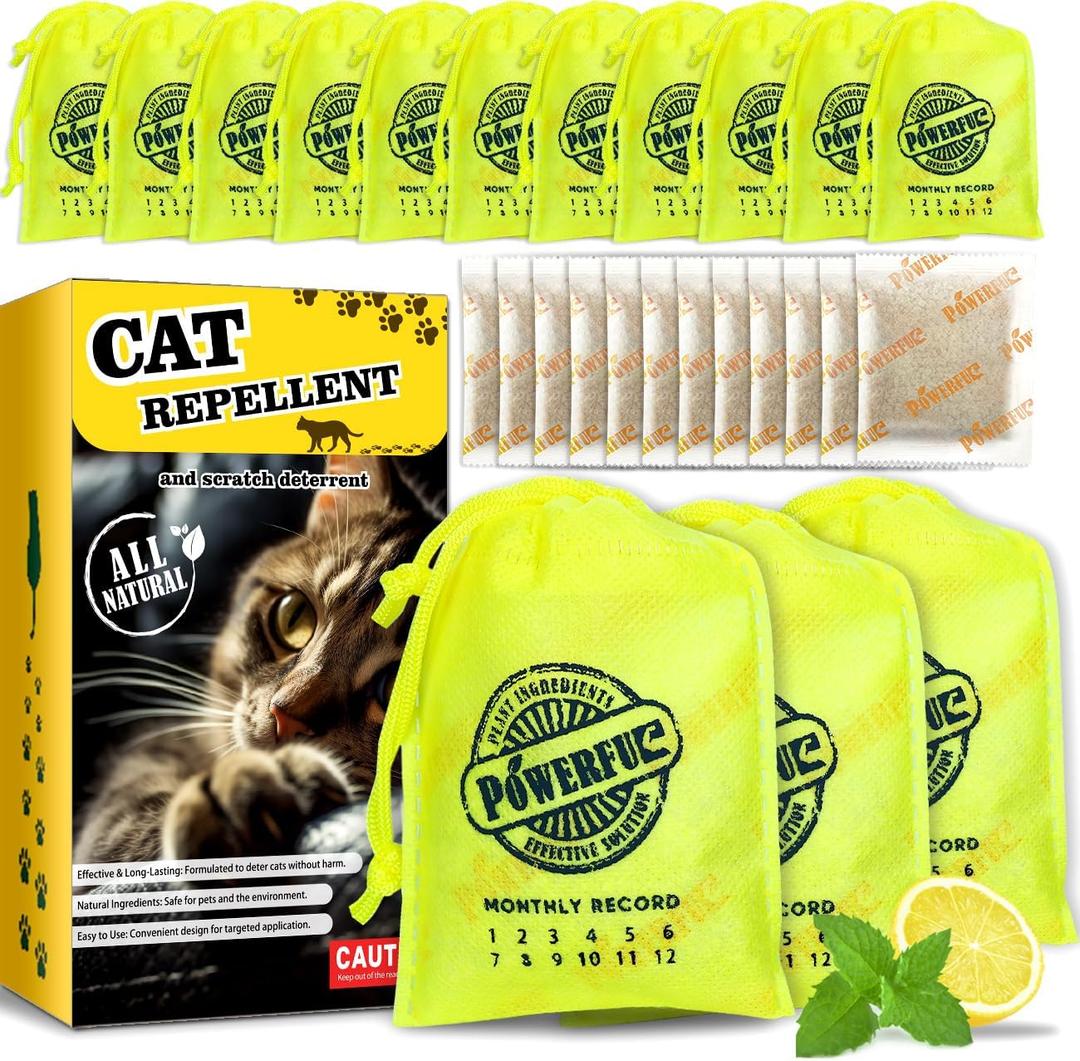 12 Pack Extra Strength Cat Repellent Pouches  Natural Cat Indoor Outdoor Odor Deterrent, Dual-Action Mint & Lemon Formula for Gardens, Furniture