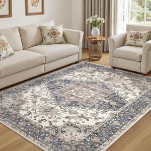 6x9 Washable Area Rugs for Living Room: Non Slip Vintage Beige Blue Rug, Large Soft Stain Resistant Indoor Floor Carpets for Bedroom Dining Room Nursery Home Office Kid & Pet Friendly