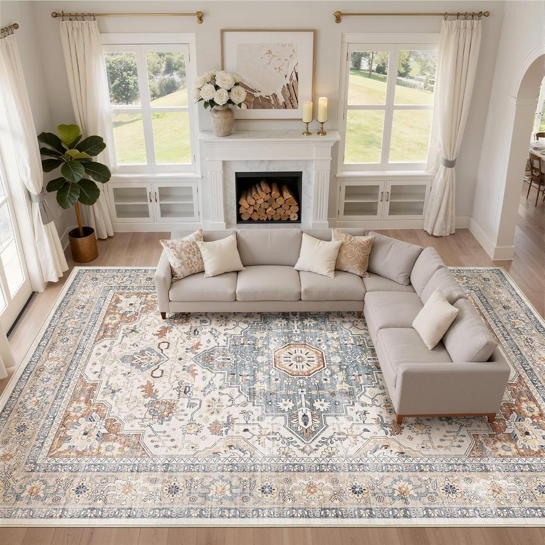10x12 Area Rug Living Room: Washable Boho Large Neutral Vintage Soft Rugs Stain Resistant Distressed Farmhouse Non-Slip Indoor Floor Carpet for Bedroom Nursery Kids Office Dining Room- Beige Blue