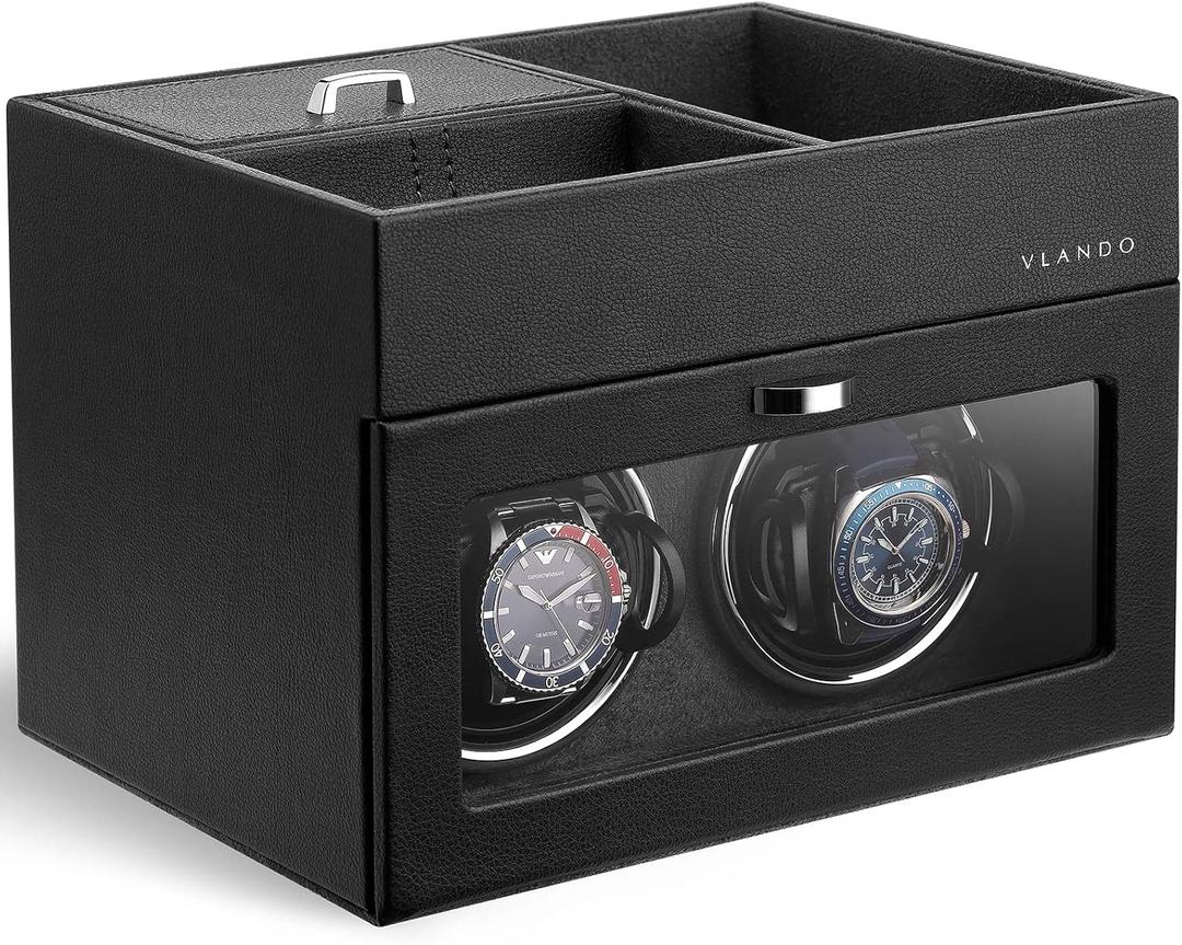 Vlando Automatic Double Watch Winder for Men - Watch Winder Box with Jewelry Organizer Tray for Father Husband Dad, Japanese Quiet Motor, LED Light, Adjustable Watch Pillows - Black (Grey)