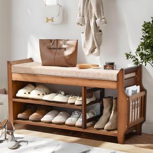 Shoe Bench with Hidden Drawer and Side Holder, 2 Tier Entryway Bench with Storage 39.4 in, Bamboo Shoe Rack with Cushion for Entryway Hallway Living Room Bedroom (39.4 inch)