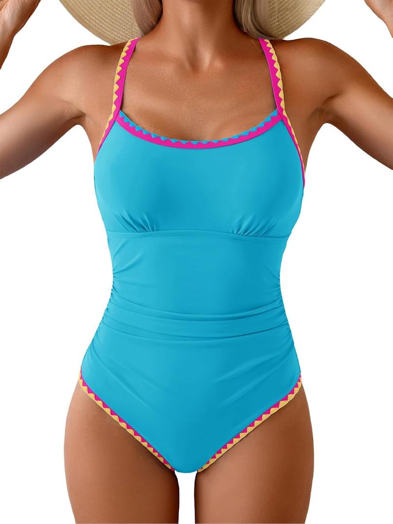 Eomenie Women's One Piece Swimsuit Tummy Control Slimming Bathing Suit Ruched Swimwear Tie Back Shell Stitch Swim Suit, M
