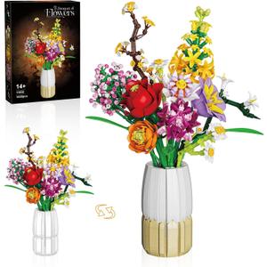 2 in 1 Vase Flowers Bouquet Building Set, Artificial Flowers Bouquet Sets for Adults & Women, for Wife Mom Mother, Comptatible with Lego Flowers Bouquet, 1458 PCS, Medium