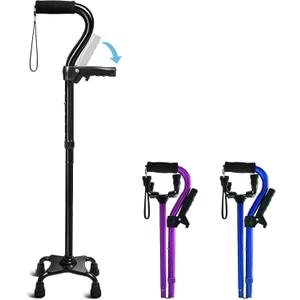 Adjustable Walking Cane for Men & Women with 4-Pronged Base for Extra Stability - Foldable Cane for Seniors with Foam Padded Offset Handle for Soft Grip & a Second Handle for Standing Black