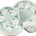 Bloomhouse Magnolia Bloom 16 Piece Double Bowl Hand Painted Stoneware Plates and Bowls Floral Dinnerware Set (Service for Four (16 Pcs)