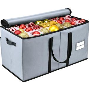 Christmas Ornament Storage Box, Mrrihand Xmas Decoration Organizer with Adjustable Dividers - Storage Container Keeps 128 Holiday Ornaments 3-Inch, Dual Zipper Closure, 600D Tear-Proof Material (Gray)