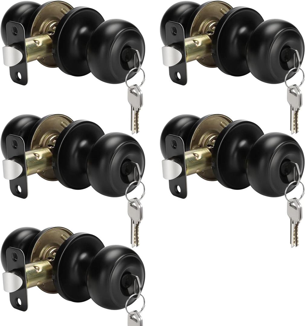 Haidms 5 Pack Matte Black Door Knobs with Lock and Key, Keyed Alike Keyed Entry Door Knobs Exterior, Black Doorknobs for Bedroom