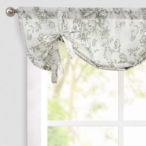 jinchan Tie Up Valance Floral Linen for Window Farmhouse Valance 24 Inch Peonies Botanical Short Window Treatment Adjustable for Kitchen Living Room Light Filtering 1 Panel Sage Green on Beige
