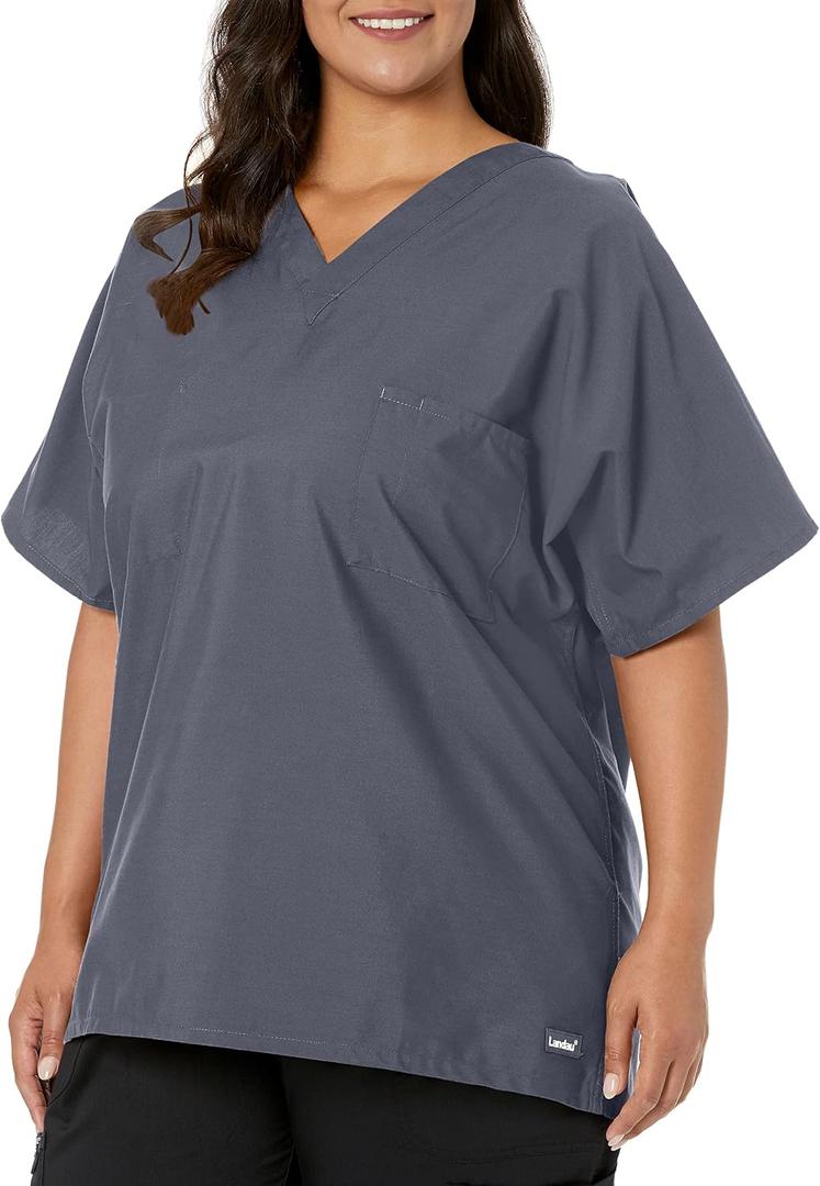 Landau Essentials Unisex Relaxed Fit 1-Pocket V-Neck Scrub Top 7502 Steel Grey Large