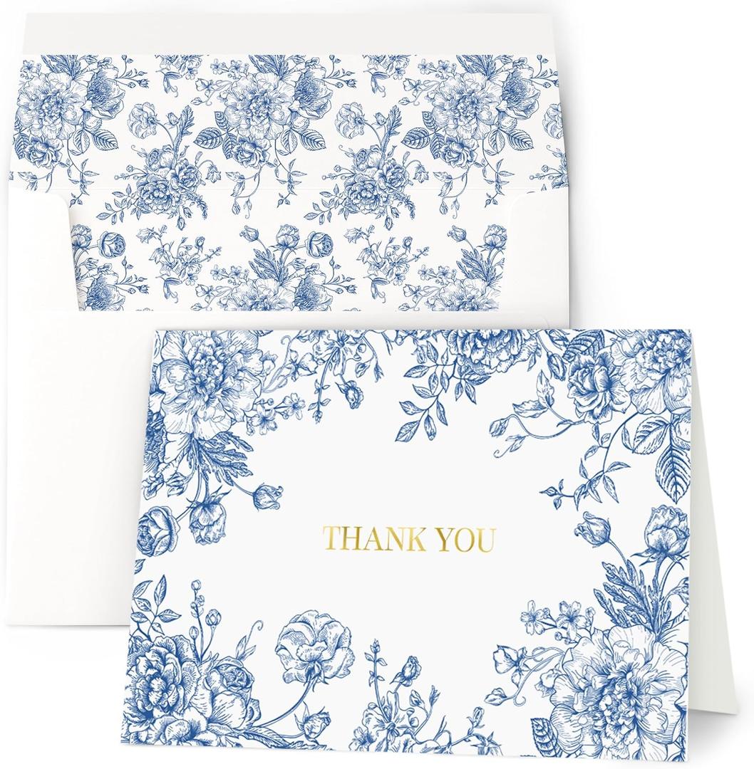 AUDREE 50 Set Thank You Cards with Envelopes (3.5x5) - Gold Foil Elegant Blue Floral Thank You Cards with Matching Adhesive Envelopes - Perfect for Wedding, Bridal Showers, Baby Showers, All Occasion