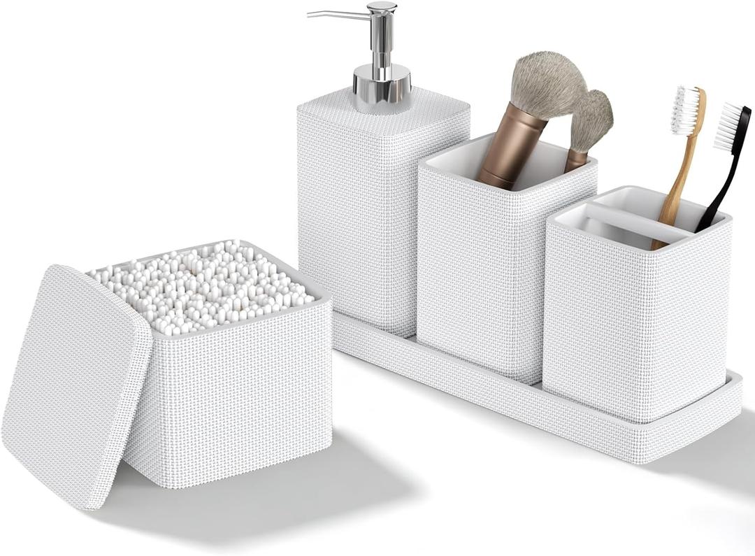 White Bathroom Accessories Set 5 Pieces, Resin Toothbrush Holders Set Complete with Soap Dispenser, Toothbrush Holder, Vanity Tray, Bathroom Tumbler and Qtip Holder for Small Spaces