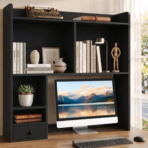 knoworld Desktop Bookshelf for 27" Monitor, 36.4" Tall Dorm Desk Hutch Organizer with 5 Shelves & 1 Drawer, Engineered Wood Desk Shelf for Computer Desk, Black