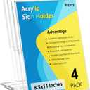 Argvey 4 Pack Acrylic Sign Holder 8.5x11, Clear Plastic Slanted Back Sign Holders, Desktop Papers Menus Frame Flyer Document Holder Display Stand for Coffee Shops, Hotels, Offices, Public Spaces
