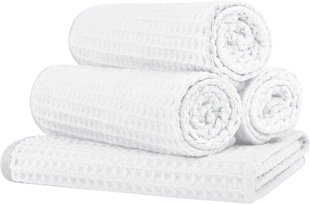 HOMEXCEL 4 Pack Premium Waffle Gym Towels, Ultra Soft Cooling Towels Highly Absorbent and Quick Dry Towel for Gym, Shower, Hotel, Spa and Kitchen, 15 x 25 Inch (White)