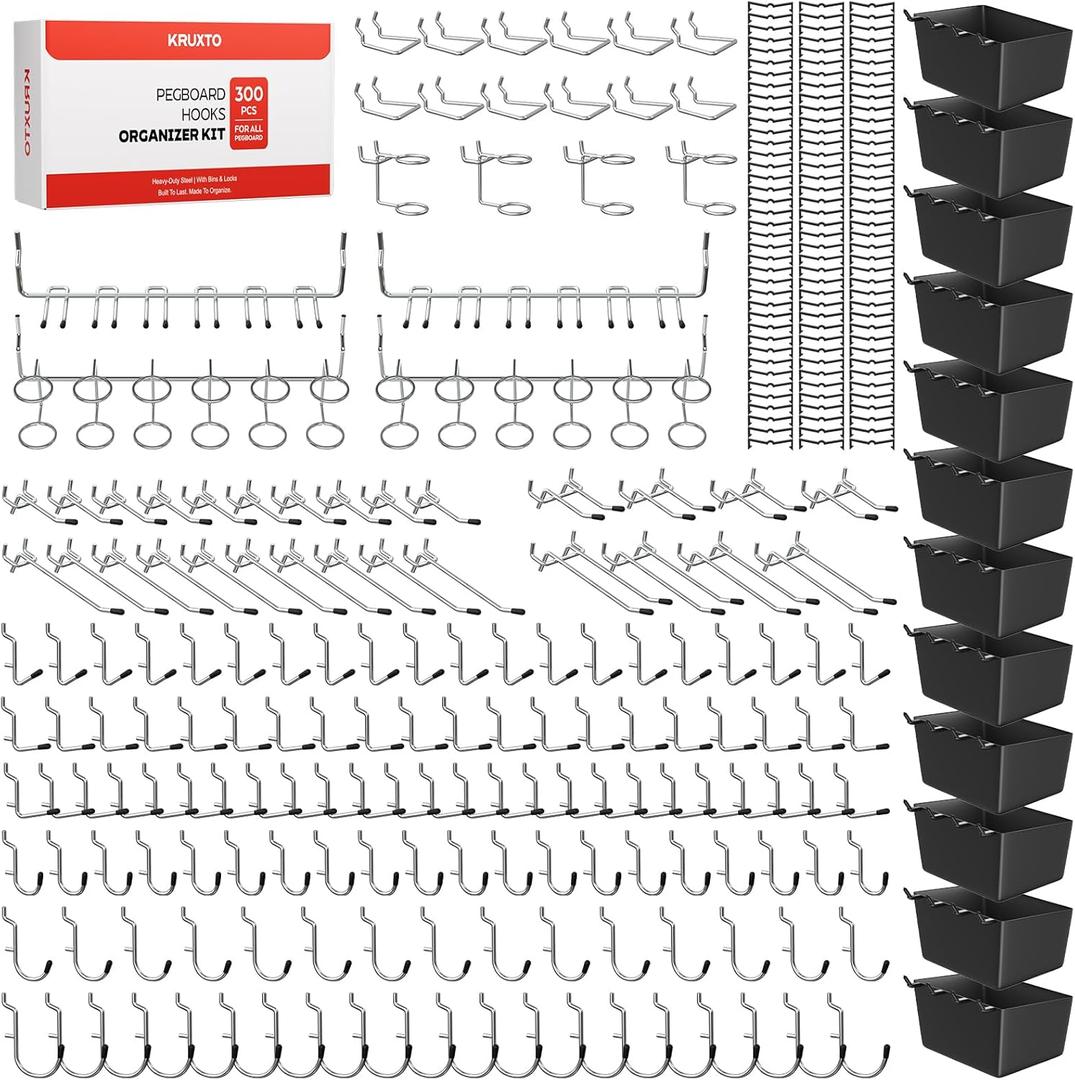 300 PCS Pegboard Hooks Kit, Peg Board Organizer Accessories with Bins, Fit 1/8 or 1/4 Inch Pegboard for Hanging Various Tools in Garage, Workbench, Craft Room, Kitchen