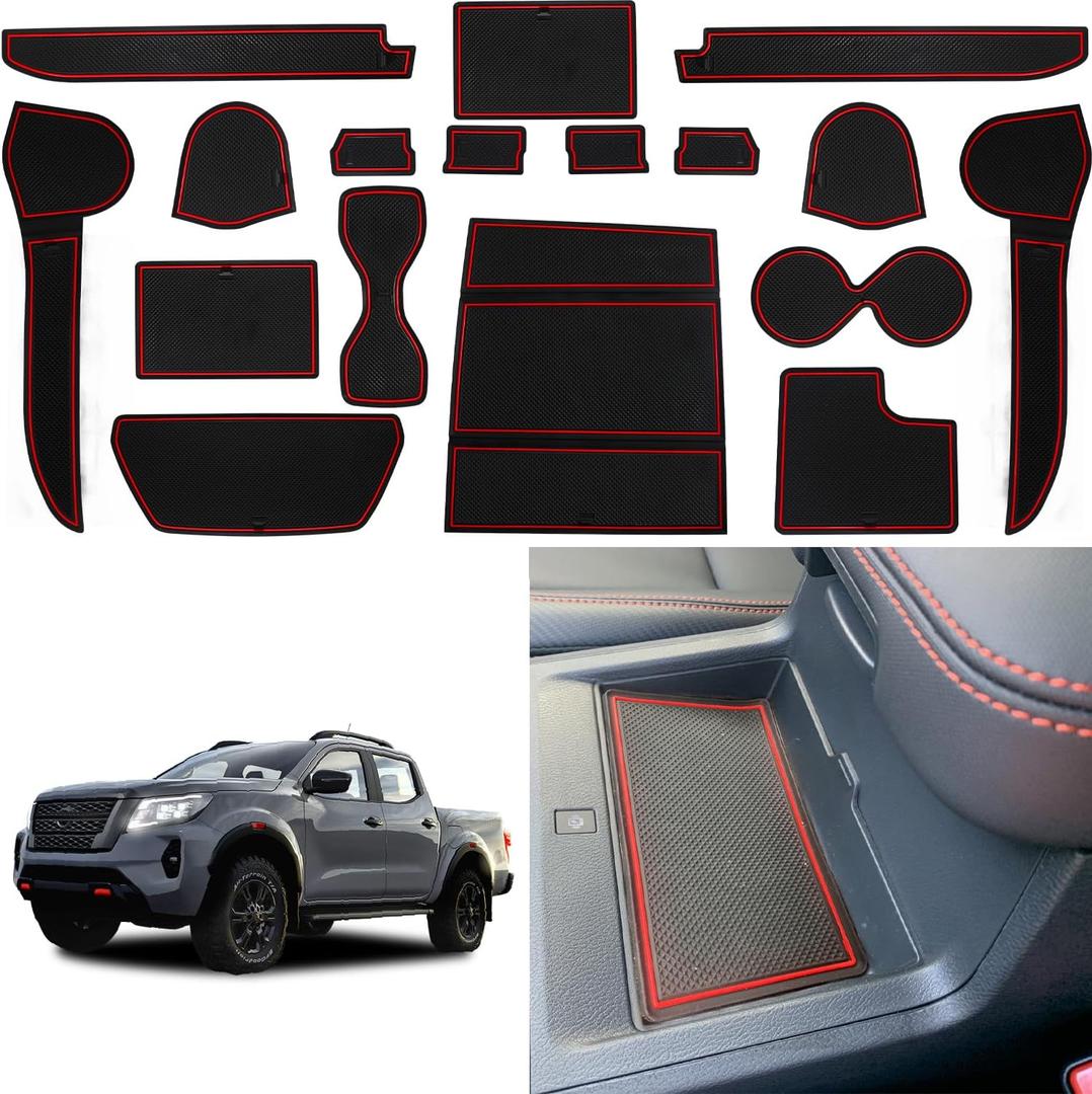 Center Console Liner for Nissan Frontier Accessories 2022 2023 2024 2025 Cup Holder Insert Coaster Custom Door Slot Mat Non Slip Interior Mat Trim Anti Dust Pocket Pad, Set of 17 (Red)