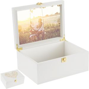 Larger Wooden Memory Keepsake Boxes With Hinged Lids and a photo frame inside the lid - Decorative Storage Box With a Hinge Lids For Picture Letter Time Capsule - 5.3*8.6*11.7 off-white