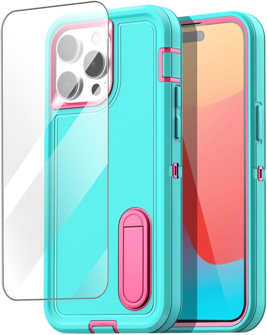 AICase for iPhone 15 Pro Max Case Built-in Stand with Glass Screen Protector,Heavy Duty Drop Protection Full Body Rugged Shockproof Military Protective Tough Durable for iPhone 15 Pro Max 6.7"_3 (Water Blue/hot pink+Glass Protector)