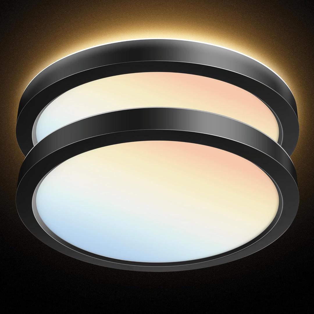 PARMIDA (2 Pack) LED Flush Mount Ceiling Light Fixture with Night Light, 12 Inch, 30W, ETL, 5 Color Selectable, 2400LM, Dimmable Ultra Thin Round Modern Low Profile, for Bedroom, Living Room - Black