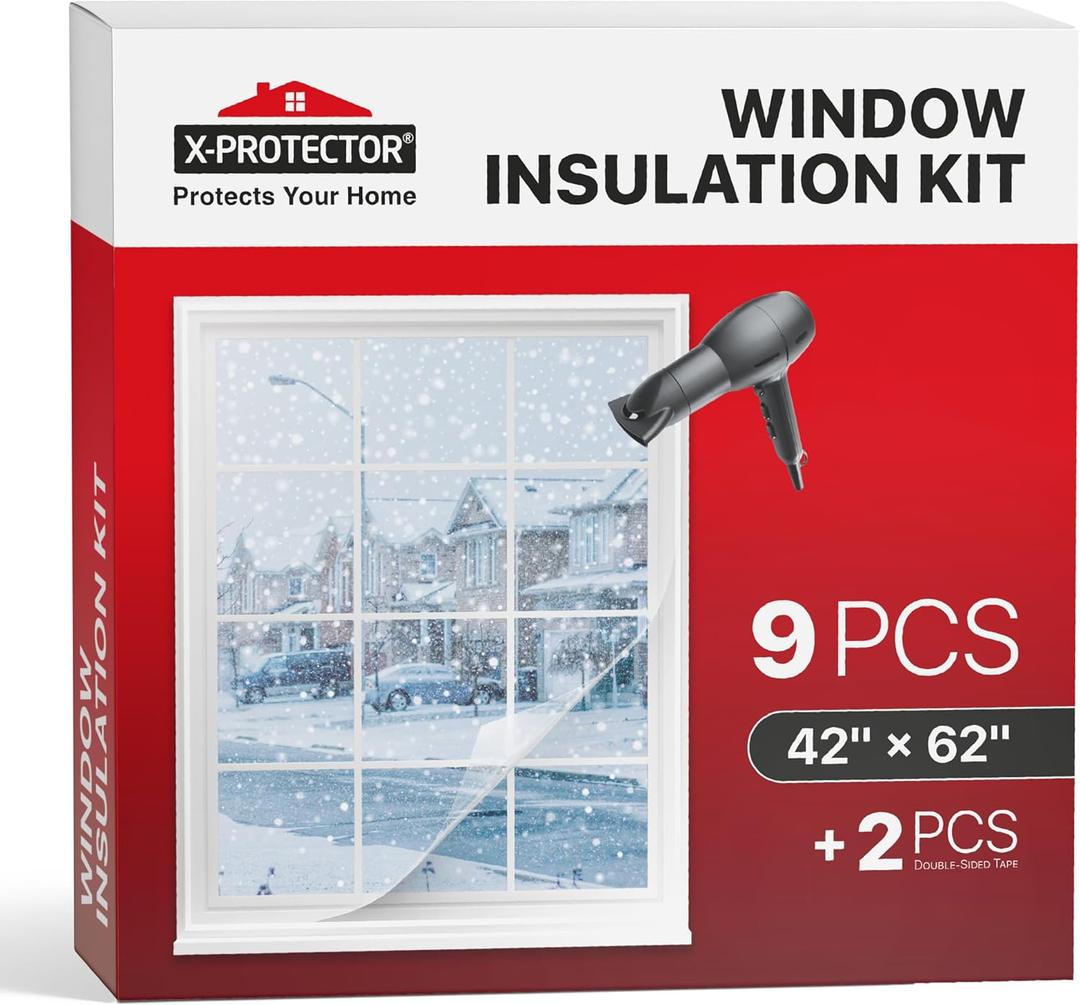 X-Protector Window Insulation for Winter - 9 Pack 42in x 62in - Clear Window Insulation Kit - Perfect Sealer from Cold - Plastic Thermal Cover to Keep The Home Warm!