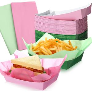 Blushtier 50 Pcs Green and Pink Party Decoration Pink and Green Food Trays Deli Paper Disposable Food Boats for Witch Easter Princess Themed Birthday Party Supplies, Serving 50 Guests