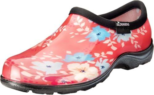 Sloggers Original Waterproof Rain and Garden Shoe for Women– Outdoor Slip-On Garden Clog - Made in The USA with Premium Comfort Insole and Arch Support - Floral Fun Coral, Size 6