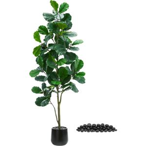 Artificial Fiddle Leaf Fig Tree6FT Tall Faux Ficus Lyrata Plant Fake Fig Trees Realistic Green Silk Large Leaves with Natural Trunks & Pebbles in Black Planter for Indoor Outdoor Office Home.