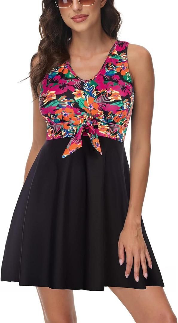 Kate Kasin Women's Two Piece Swimsuits Tummy Control Back Cross Flowy Swimdress Bathing Suits with Boyshorts Swimwear, Medium 